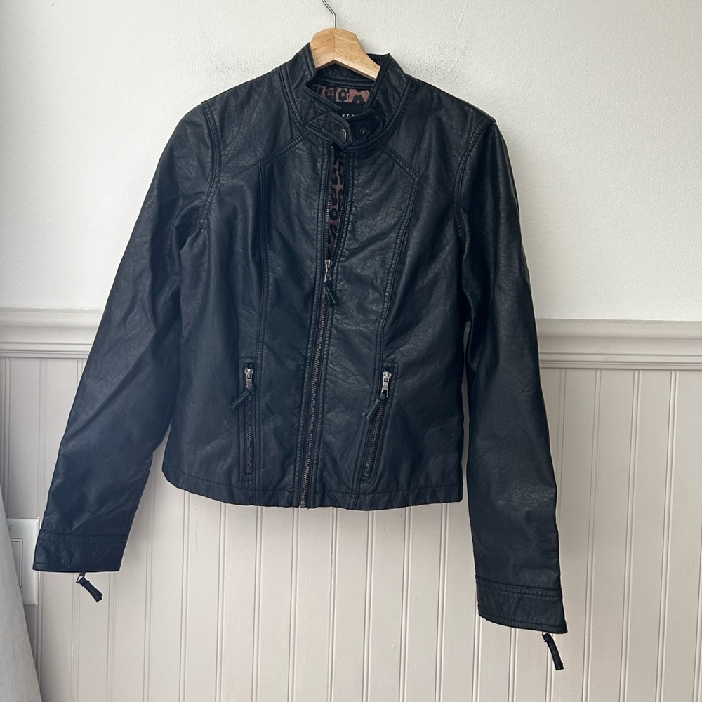 Therapy Small Black Faux Leather Moto Jacket Animal Print Lining Zip Up
